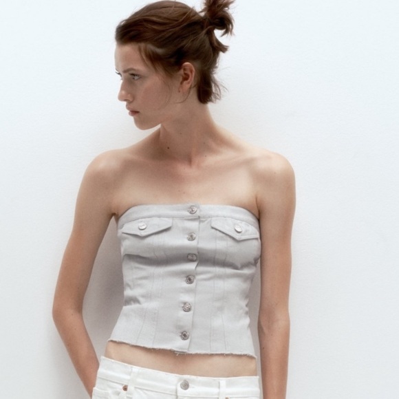 Zara Metallic Silver Denim Corset Top - Picture 2 of 6